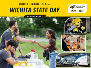 Wichita State Day at Riverfest with photos of the community engaged with WSU representatives and WuShock.