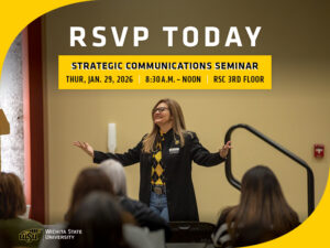 Staff presenting to an audience in the Rhatigan Student Center with the text, RSVP today to Strategic Communications Seminar Thursday, Jan. 29, 2026 from 8:30 a.m. to noon on the third floor of the RSC.