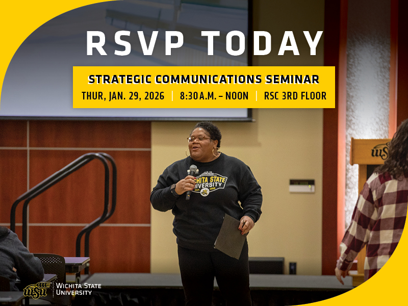Staff presenting to an audience in the Rhatigan Student Center with the text, RSVP today to Strategic Communications Seminar Thursday, Jan. 29, 2026 from 8:30 a.m. to noon on the third floor of the RSC.