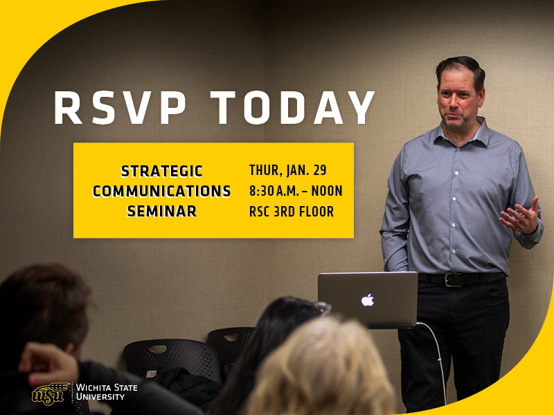 Staff presenting to an audience in the Rhatigan Student Center with the text, RSVP today to Strategic Communications Seminar Thursday, Jan. 29, 2026 from 8:30 a.m. to noon on the third floor of the RSC.