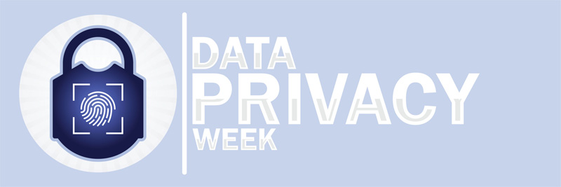Blue background with the words data privacy week on it. It also has a black padlock with a white fingerprint on it.