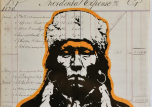A detail of a screenprint of an Indigenous man.