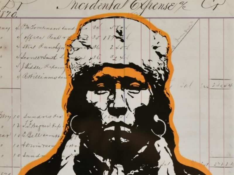 A detail of a screenprint of an Indigenous man.