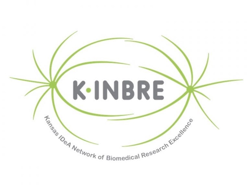 Logo for K-INBRE which includes depiction of abstract cell division surrounding the word "K-INBRE." Below the design is "Kansas IDeA Network of Biomedical Research Excellence."