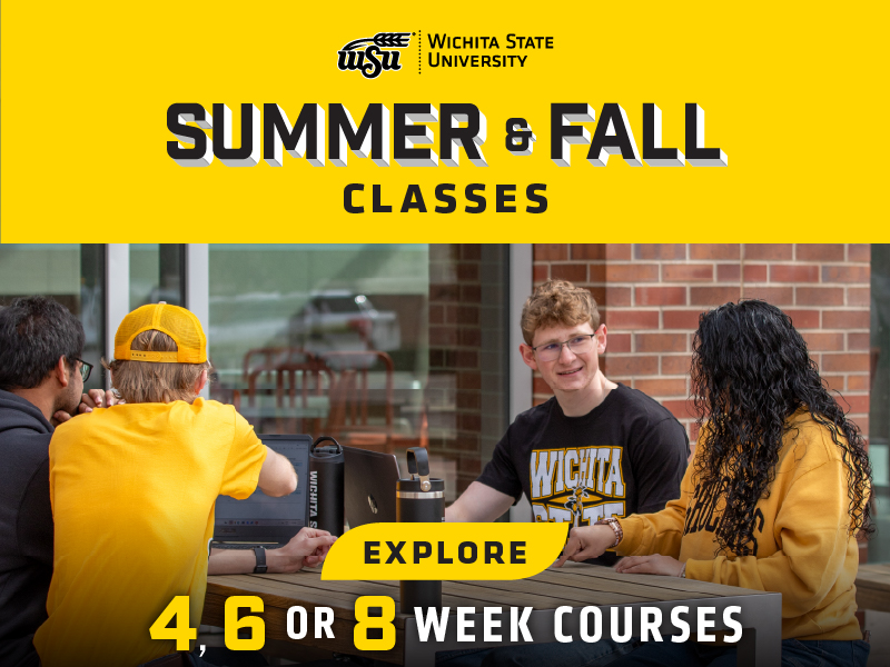 Wichita State summer and fall classes, explore four, six or eight week courses with a photo of students studying together.