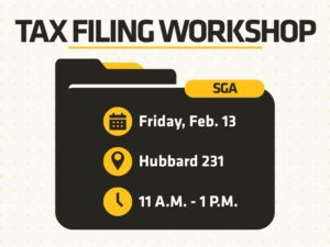 Flyer promoting a Tax Filing Workshop at Wichita State University. Text reads: “Tax Filing Workshop.” Date: Friday, February 13, 2026. Time: 11:00 AM to 1:00 PM. Location: Hubbard Hall, Room 231. Hosted by Student Government Association, Graduate School, and International Student Union. Facilitated by Dr. Sina Rahimi, Barton School of Business, School of Accountancy. Open to all WSU students.