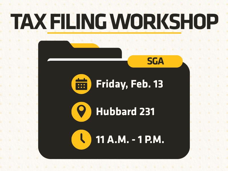 Flyer promoting a Tax Filing Workshop at Wichita State University. Text reads: “Tax Filing Workshop.” Date: Friday, February 13, 2026. Time: 11:00 AM to 1:00 PM. Location: Hubbard Hall, Room 231. Hosted by Student Government Association, Graduate School, and International Student Union. Facilitated by Dr. Sina Rahimi, Barton School of Business, School of Accountancy. Open to all WSU students.