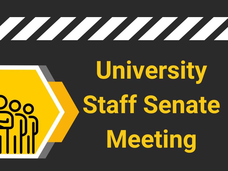 Illustration of a group of people beside the words "University Staff Senate Meeting"