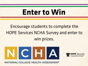 Enter to Win Encourage students to complete the HOPE Services NCHA Survey and enter to win prizes. [Images of the National College Health Assessment (NCHA) and HOPE Services logos]]