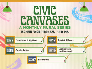 Civic Canvases: A Monthly Mural Series. A hands-on art series where students reflect, create, and contribute to a monthly evolving mural! Thursday, January 22 – Fresh Starts & Big Ideas; RSC Main Floor 10:30am - 12:30pm. Thursday, February 19 – Care in Action; RSC Main Floor 10:30am - 12:30pm. Thursday, March 12 – Rooted & Ready; RSC Main Floor 10:30am - 12:30pm. Thursday, April 16 – Looking Back, Looking Ahead; RSC Main Floor 10:30am - 12:30pm. Thursday, May 7 - Reflections; RSC Main Floor 10:30am - 12:30pm. Student Engagement and Belonging. Web: Wichita.edu/SEB. Email: SEB@wichita.edu. Phone: (316) 978-3022. Your home away from home. Follow us on social media: @WichitaStateSEB. Location: Rhatigan Student Center - Suite 216.