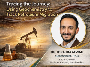 Tracing the Journey: Using Geochemistry to Track Petroleum Migration with Dr. Ibrahim Atwah, geochemist, with an oil rig in the background and flasks with various liquids in the foreground