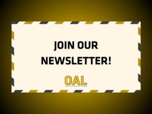 Text in a white box over a black and yellow gradient background saying "Join our newsletter!" with a black and yellow logo under that says "OAL" or "Office of Online and Adult Learning"