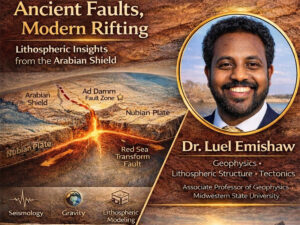 A photo of Luel Emishaw with an illustration of the fault lines in the Middle East