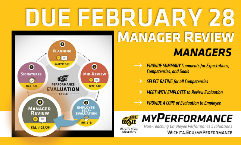 Image description: Step 4, manager review, of the annual performance evaluation cycle for non-teaching employees has started and is due February 28. Managers of non-teaching employees can now login to myPerformance, provide summary comments about their employee’s job performance and accomplishments for the year, rate their employee in each competency, and then meet with their employee to deliver their annual performance review.