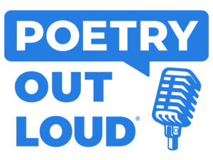 Graphic of a microphone and the text Poetry Out Loud, with Poetry coming out of the microphone in a text bubble