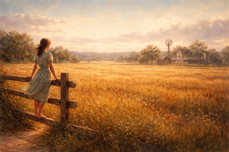 A young woman stands on a fence looking towards her farm and the horizon.