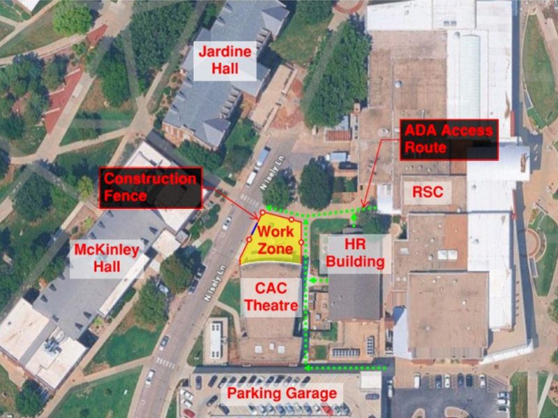 Map showing the construction fence line directly north of the CAC Theatre and designated ADA pedestrian pathways leading into the RSC and HR Building during the ADA renovation of the CAC Theatre