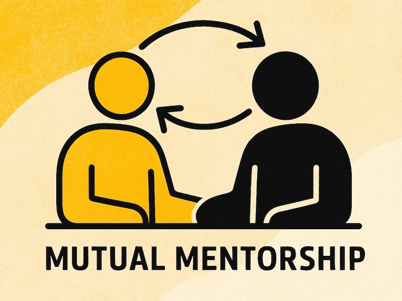 An illustration shows two stick figures sitting opposite one another, and arrows point between them, demonstrating the mutual mentorship relationship.