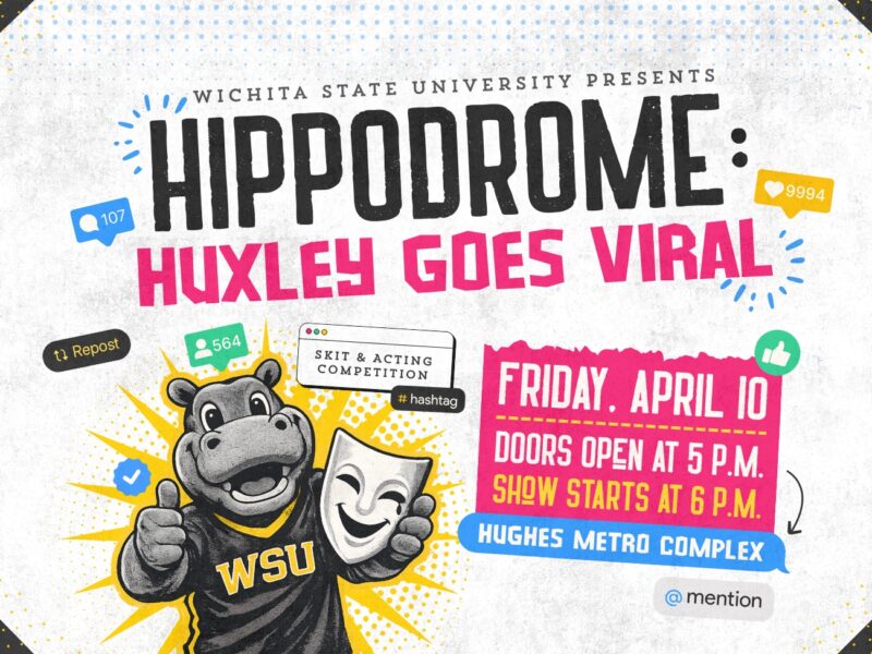 Pop Art of a Hippo holding a drama mask with the title text "Wichita State University Presents HIPPODROME: HUXLEY GOES VIRAL"