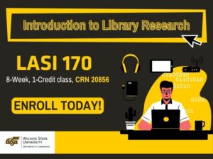 Introduction to Library Research, LASI 170, 8-week, 1-credit class, CRN 20856, Enroll Today! Black background with cartoon person using a laptop, surrounded by headphones, a tablet, internet router, external harddrive, a mug and cactus on the table beside them.
