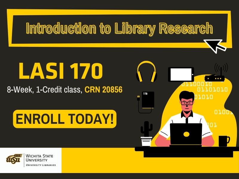 Introduction to Library Research, LASI 170, 8-week, 1-credit class, CRN 20856, Enroll Today! Black background with cartoon person using a laptop, surrounded by headphones, a tablet, internet router, external harddrive, a mug and cactus on the table beside them.