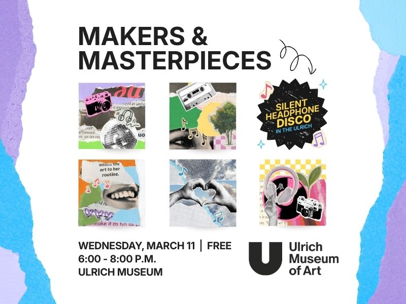 Join SAC and The Ulrich for a community art-making celebration in conjunction with the weaving artist Kinta McGhee, a collage artist who believes more things deserve a second chance. Enjoy the art galleries, free food, and expirence a silent headphone disco inside the gallery. Create mini collage magnets from everyday scraps, make one, keep one, swap one! Students who attend will be enterd into a raffle to win art supplies and Ulrich merch. Wednesday, March 11th 6:00-8:00pm at Ulrich Museum | Free admission