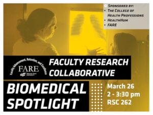 A flyer for the Faculty Research Collaborative shows an image of two health professionals looking at a chest x-ray. The text reads: Faculty Research Collaborative, Biomedical Spotlight; Sponsored by the College of Health Professions, HealthHum, and the Office of Faculty Advancement, Retention, and Excellence. March 26, 2-3:30 pm, RSC 262