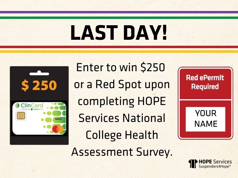 LAST DAY! Enter to win $250  or a Red Spot upon completing HOPE Services National College Health Assessment Survey. Decorative images.