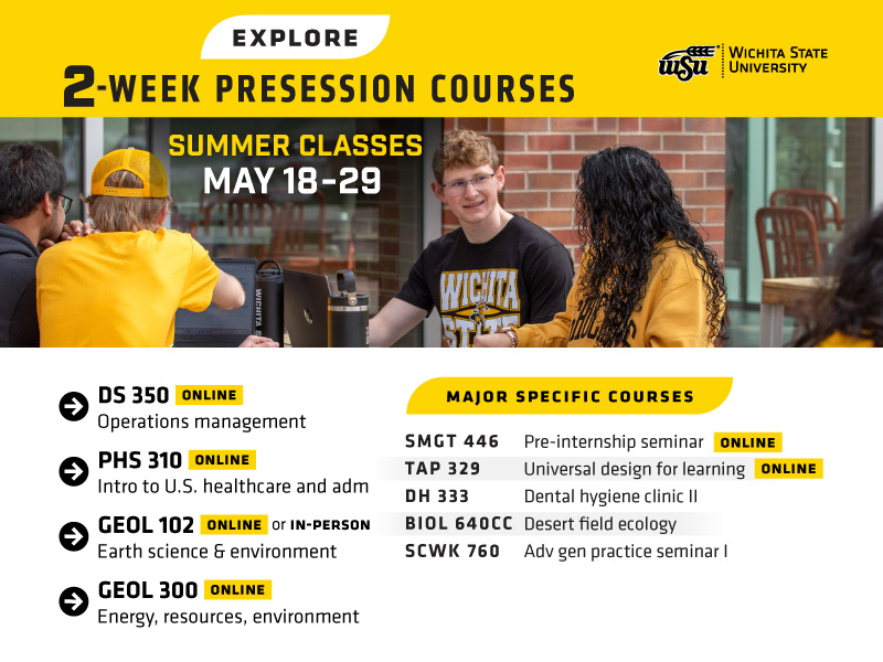 Students gather to study on campus out side. Text lines the image: Explore 2-week presession courses. Summer classes May 18-29. And a list of the courses being offered as presession. Wichita State University "WSU" logo