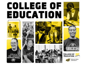 Graphic featuring bold black text reading “College of Education” at the top, with a collage of historical and modern photos from Wichita State University. Images include archival classroom scenes from the mid-1900s, students in a lecture setting, a graduate receiving a diploma at commencement, and current students wearing Wichita State apparel. The design uses black, white and yellow school colors. In the bottom right corner, a “College of Education 100th Anniversary” mark appears alongside the Wichita State University logo.