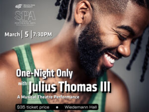 A photo of Julius Thomas III smiling in a green tank top lookin down and to the right with the text describing the details of the event