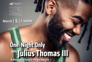 A photo of Julius Thomas III smiling in a green tank top lookin down and to the right with the text describing the details of the event