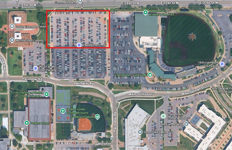 Map from Google showing where Lot 5 is located on the WSU campus, red box around closed area of parking lot.