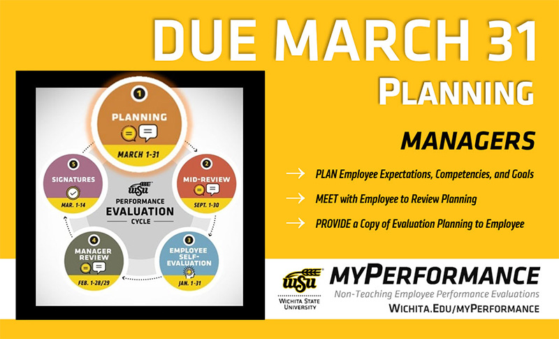 Step 1, planning, of the annual performance evaluation cycle for non-teaching employees has started and is due March 31. Managers can now login to myPerformance and add expectations, competencies, and goals for the current review period then meet with their employee to review and provide a copy of their evaluation for reference throughout the year.