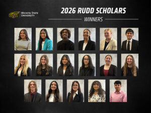 Photos of each of the 2026 Rudd Scholars aligned in a grid on a dark gray background. The Wichita State University logo sits in the upper left corner