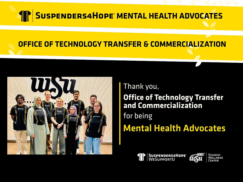 The Office of Tech Transfer and Commercialization wear their Suspenders4Hope T-shirts with text thanking the team for being a mental health advocate