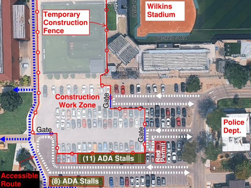 Map showing the construction fence perimeter for the Wilkins Team Operations facility and changes to nearby parking, including relocated ADA stalls, four Red Permit stalls, and the accessible route west of Wilkins Stadium.