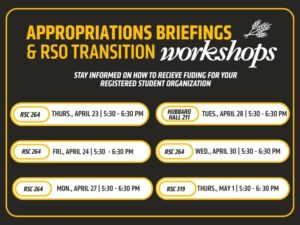 A black and gold promotional flyer titled “Appropriations Briefings & RSO Transition Workshops.” It encourages students to stay informed on how to receive funding for their registered student organization. The flyer lists six workshop sessions with locations and times: April 23 (RSC 264), April 24 (RSC 264), April 27 (RSC 264), April 28 (Hubbard Hall 211), April 30 (RSC 264), and May 1 (RSC 319), all from 5:30–6:30 PM. The design features rounded white boxes with gold borders and a small wheat graphic in the corner.