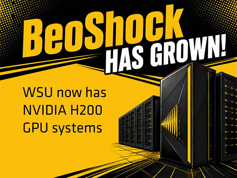 Informational flyer shows decorative image of computer servers. Text reads: BeoShock has grown! WSU now has NVIDIA H200 GPU systems