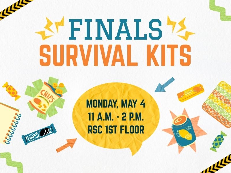 A colorful promotional flyer titled “Finals Survival Kits” features bright illustrations of snacks like chips, candy, cookies, gum, and a soda can. The flyer invites students to build their own customized goodie bag with snacks and study essentials as part of a de‑stress event. Event details list Monday, May 4, from 11 a.m. to 2 p.m. on the first floor of the RSC. The bottom includes Student Activities Council contact information and a QR code for more event details.