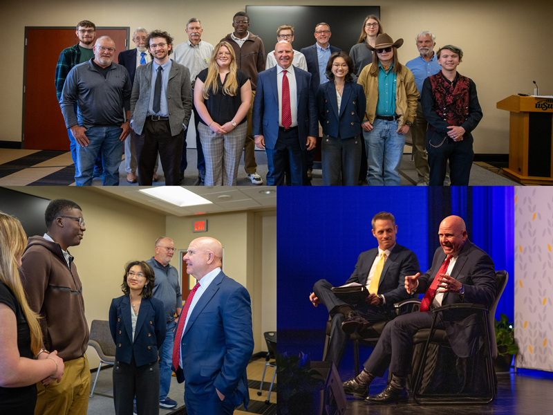 A collage of photos of H.R. McMaster meeting with students and others at Wichita State University