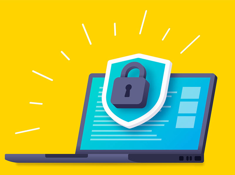 Illustration of an open laptop with a shield and padlock icon in front of it to represent secure information systems.