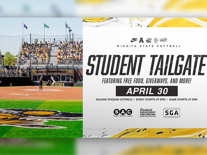 Wichita State Softball | Student Tailgate |  Featuring Free Food, Giveaways and More | April 30 | Wilkins Stadium Outfield | Event Starts at 5 PM | Game Starts at 6PM