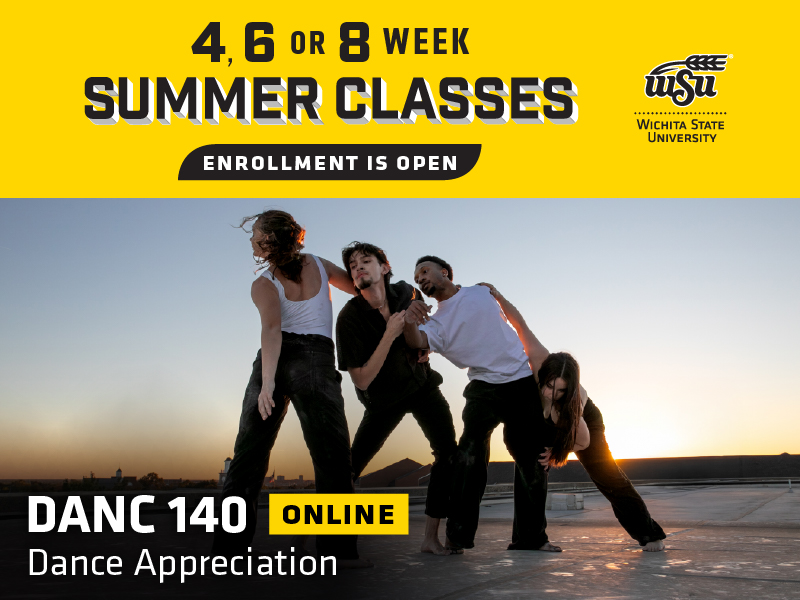 4, 6 or 8 week summer classes enrollment is open. Students dance on top of a roof with the text DANC 140 - Online. Dance Appreciation