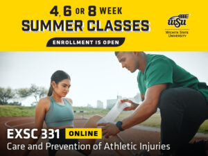 4, 6 or 8 week summer classes enrollment is open. A student trainer helps an athlete wrap her leg and the text EXSC 331- Care and Prevention of Athletic Injuries