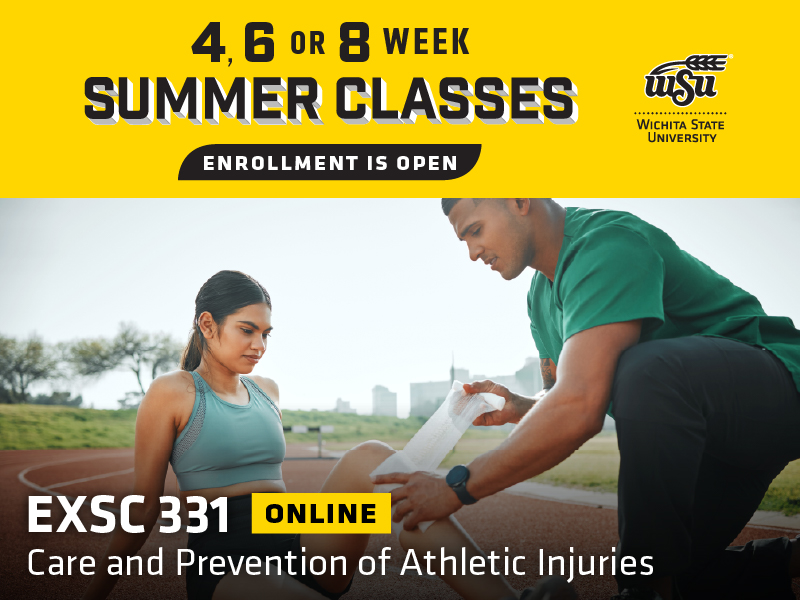 4, 6 or 8 week summer classes enrollment is open. A student trainer helps an athlete wrap her leg and the text EXSC 331- Care and Prevention of Athletic Injuries