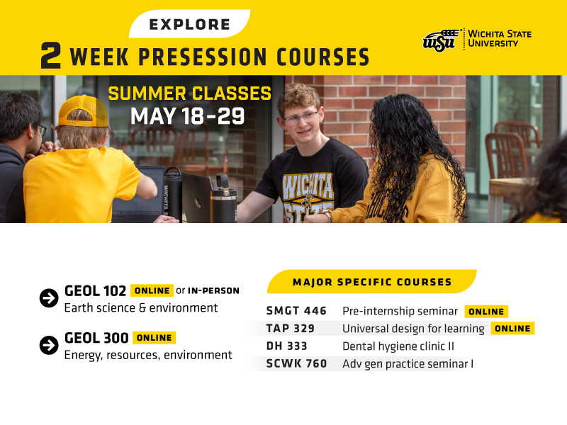 Explore 2 week presession courses. Summer classes May 18-29 with a list of classes offered. Students gather to study for a class