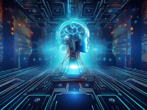 Futuristic image of a cyborg head attached to a motherboard