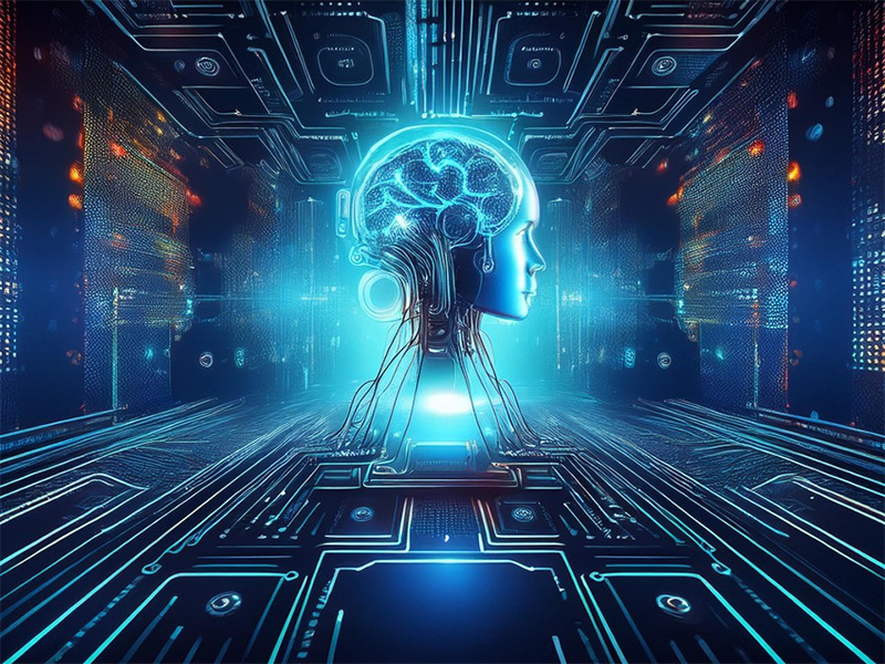 Futuristic image of a cyborg head attached to a motherboard