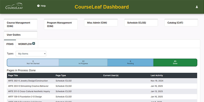 Screenshot of the new CourseLeaf dashboard